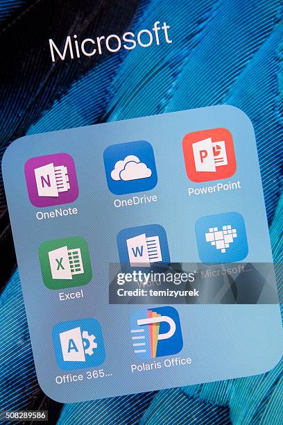 microsoft  apps on apple iphone 6s plus screen - editorial office stock pictures, royalty-free photos & images