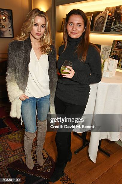 Caggie Dunlop and Madeleine Gogarty attend the launch of Forte Organics hosted by Irene Forte at Brown's Hotel, a Rocco Forte Hotel, on February 4,...