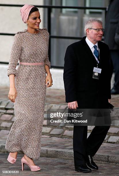 Qatar's First Lady Sheikha Mozah bint Nasser al-Missned arrives at the 'Supporting Syria Conference' at The Queen Elizabeth II Conference Centre on...