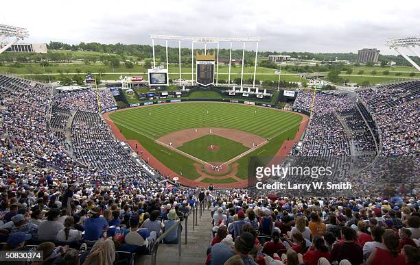 General view of the Kansas City Royals as they take the field during a MLB game against the Toronto Blue Jays on May 12, 2004 at Kauffman Stadium in...