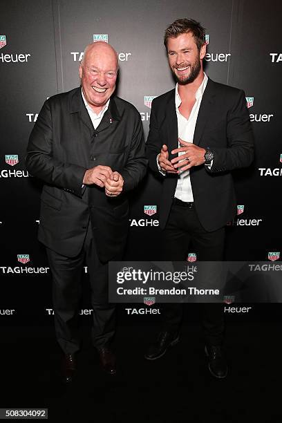 Chris Hemsworth and CEO of Tag Heuer, Jean-Claude Biver arrive at the Australian launch of Heuer 01 at The Royal Botanic Gardens on February 4, 2016...