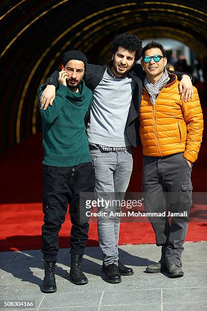 Actor Navid Mohammadzadeh and Director Saeed Roustaei and Actor Peyman Maadi look on during the Fajr Film Festival on February 4, 2016 in Tehran,...