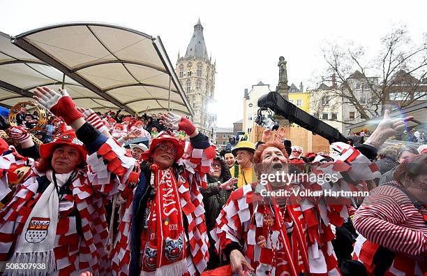 Female revellers party during Weiberfastnacht celebrations as part of the carnival season on February 4, 2016 in Cologne, Germany. Carnival partying...