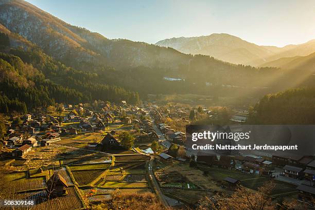 shirakawa go (shirakawa-go) beautiful panorama aerial view of the historic village - world tourism stock pictures, royalty-free photos & images