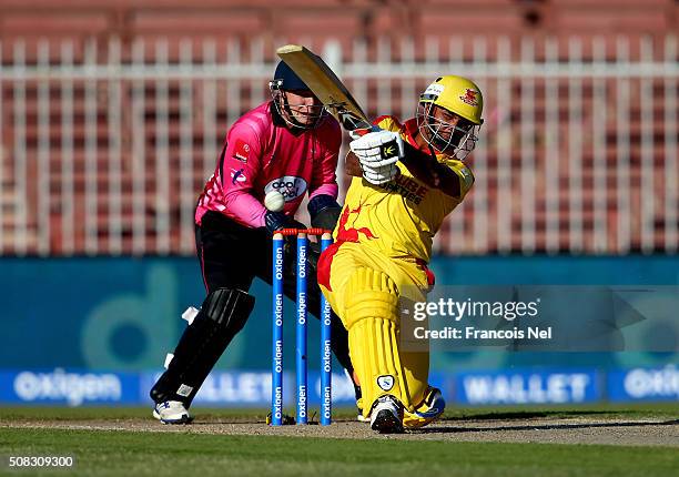 Imran Farhat of Sagittarius Strikers bats during the Oxigen Masters Champions League match between Libra Legends and Sagittarius Strikers at Sharjah...