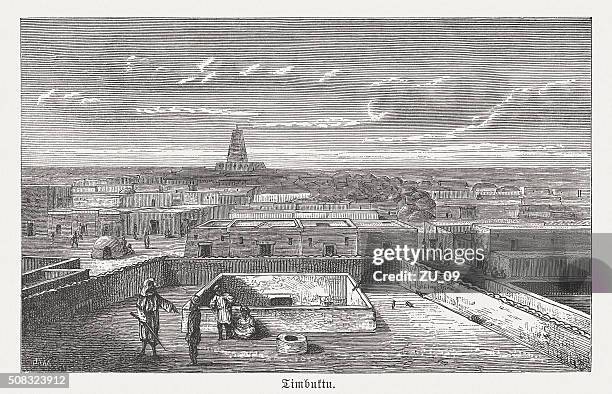 timbuktu - world capital of islamic culture, published in 1882 - mali stock illustrations