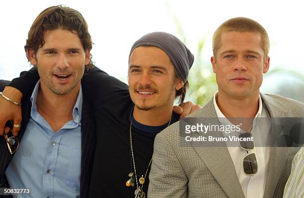 Actors L to R Eric Bana, Orlando Bloom and Brad Pitt attend the Photocall for "Troy" ahead of tonight's World Premiere showing, at the 57th Annual...
