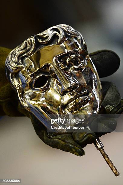 Bronzes face is readied of the iconic masks cast in to the BAFTA trophy for the 2016 British Academy of Film and Television Arts award ceremony at...
