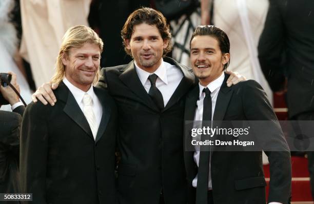 Actors L to R Sean Bean, Eric Bana and Orlando Bloom attend the World Premiere of epic movie "Troy" at Le Palais de Festival on May 13, 2004 in...