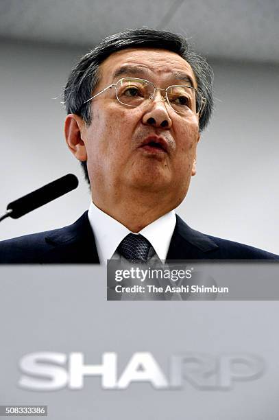 Sharp President Kozo Takahashi speaks during a press conference announcing the financial result of first to third quarters of fiscal 2015 on February...