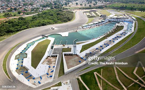 In this aerial image, construction continues at the Whitewater Stadium six months before the Rio de Janeiro Olympic Games begins on February 3, 2016...