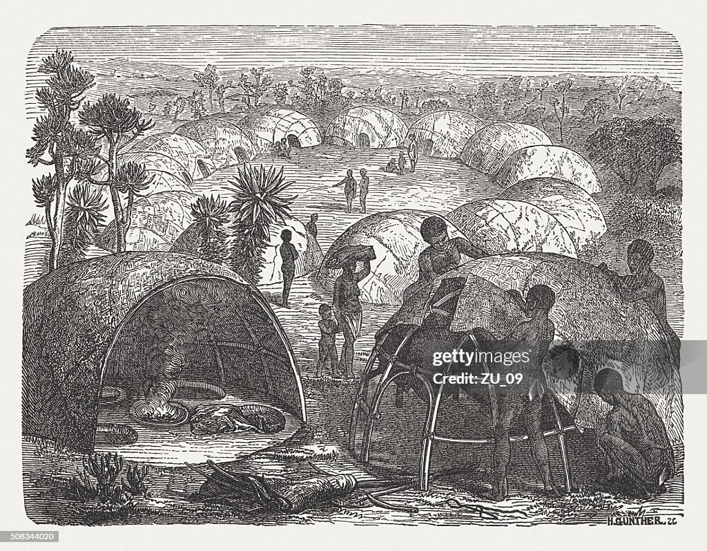 Kraal of the Khoikhoi, wood engraving, published in 1882