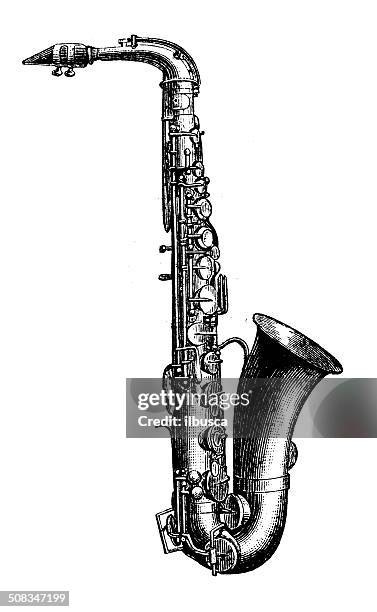 antique illustration of saxophone - saxaphone stock illustrations