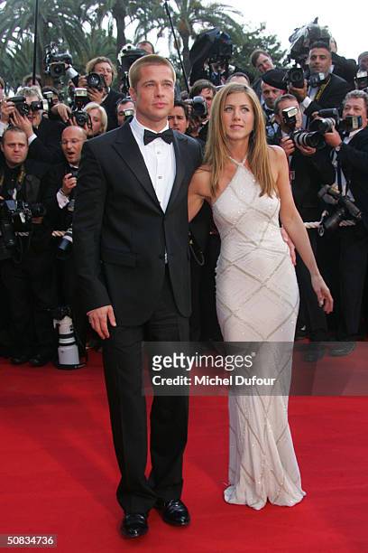 Brad Pitt with Jennifer Aniston attend the 57th Cannes Film Festival screening of film "Troy" at the Grand Theatre Lumiere on May 13 2004 in Cannes,...