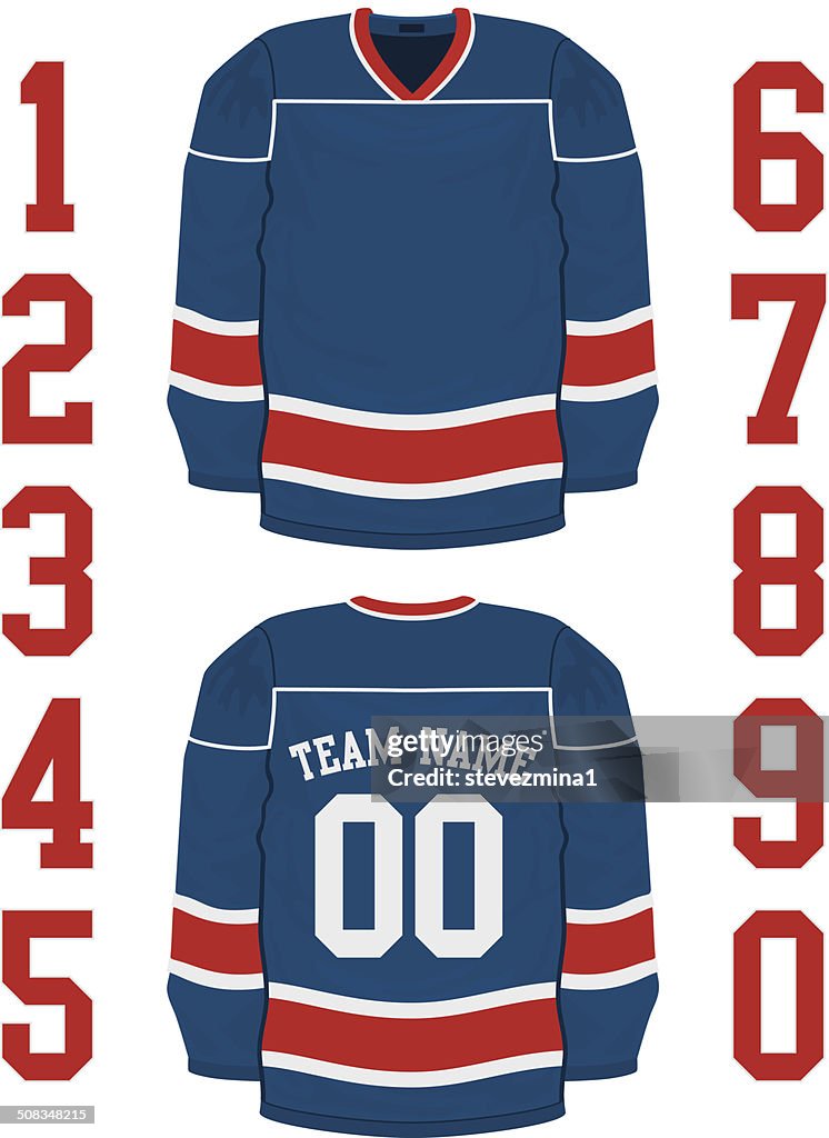 Eine leere blaue hockey jersey hat rote und weiße Streifen.