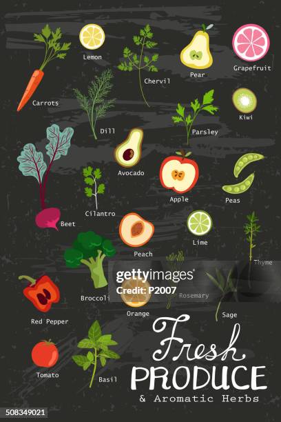 vegetable and herbs in chalkboard - dill stock illustrations