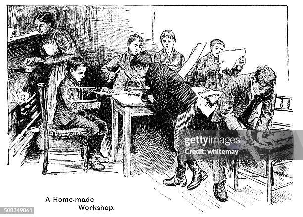 victorian home workshop - busy kitchen stock illustrations