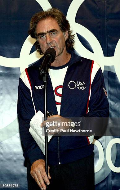Michael Budman, Roots co-founder speaks during the unveiling of the 2004 U.S. Olympic team collection at the NBC Experience store in Rockefeller...