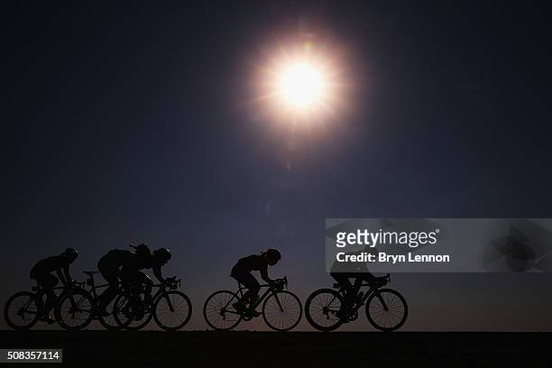 The peloton ride through the Qatar desert during stage 3 of the 2016 Ladies Tour of Qatar from Al Zubarah Fort to Madinat Al Shamal on February 4,...