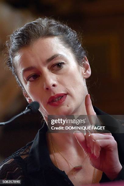 Newly appointed director of the Paris Opera Ballet and former star dancer French Aurelie Dupont gestures while speaking during a press conference at...