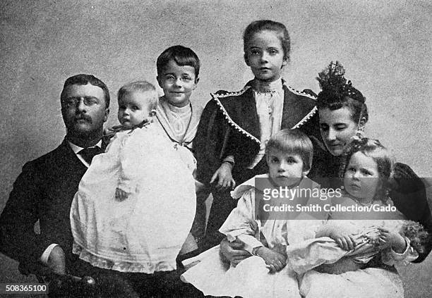 Family portrait of Theodore Roosevelt, his second wife Edith, and his five children, 1895. .