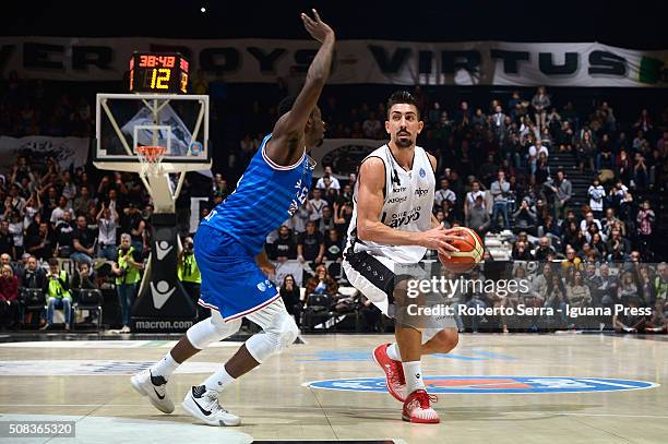 Valerio Mazzola of Obiettivo Lavoro competes with Durand Scott of Enel during the LegaBasket match between Virtus Obiettivo Lavoro and Enel Brindisi...