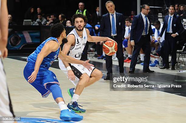 Michele Vitali of Obiettivo Lavoro competes with Scottie Reynolds of Enel during the LegaBasket match between Virtus Obiettivo Lavoro and Enel...