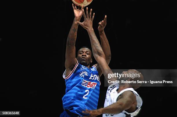 Durand Scott of Enel competes with Courtney Fells of Obiettivo Lavoro during the LegaBasket match between Virtus Obiettivo Lavoro and Enel Brindisi...