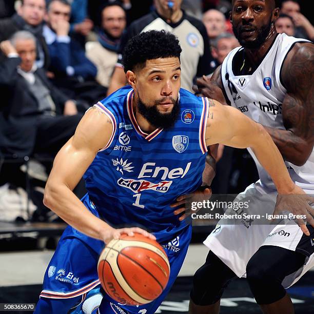 Scottie Reynolds of Enel competes with Courtney Fells of Obiettivo Lavoro during the LegaBasket match between Virtus Obiettivo Lavoro and Enel...