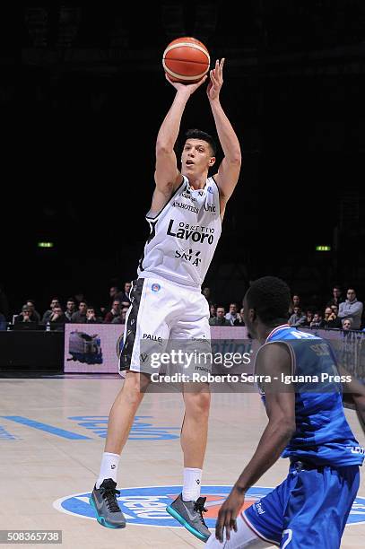 Simone Fontecchio of Obiettivo Lavoro competes with Durand Scott of Enel during the LegaBasket match between Virtus Obiettivo Lavoro and Enel...