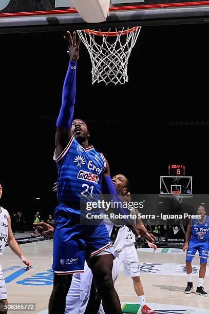 Oderah Anosike of Enel competes with Dexter Pittman of Obiettivo Lavoro during the LegaBasket match between Virtus Obiettivo Lavoro and Enel Brindisi...