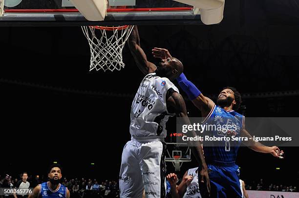 Courtney Fells of Obiettivo Lavoro competes with Adrian Banks of Enel during the LegaBasket match between Virtus Obiettivo Lavoro and Enel Brindisi...