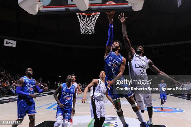 Adrian Banks of Enel competes with Courtney Fells of Obiettivo Lavoro during the LegaBasket match between Virtus Obiettivo Lavoro and Enel Brindisi...