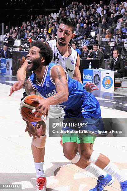 Adrian Banks of Enel competes with Valerio Mazzola of Obiettivo Lavoro during the LegaBasket match between Virtus Obiettivo Lavoro and Enel Brindisi...