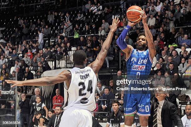 Adrian Banks of Enel competes with Rod Odom of Obiettivo Lavoro during the LegaBasket match between Virtus Obiettivo Lavoro and Enel Brindisi at...