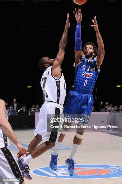 Adrian Banks of Enel competes with Kenny Hasbrouck of Obiettivo Lavoro during the LegaBasket match between Virtus Obiettivo Lavoro and Enel Brindisi...