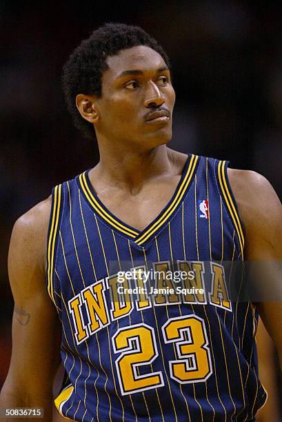 Ron Artest of the Indiana Pacers on the court in Game three of the Eastern Conference Semifinals during the 2004 Playoffs against the Miami Heat at...