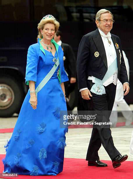 Former king Constantine II of Greece and Queen Anne-Marie, aunt to Prince Frederik, arrive to attend the wedding between Danish Crown Prince Frederik...