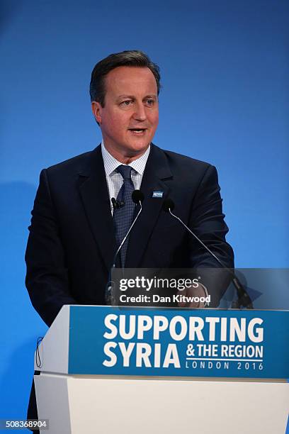 British Prime Minister David Cameron speaks at the 'Supporting Syria Conference' at The Queen Elizabeth II Conference Centre on February 4, 2016 in...