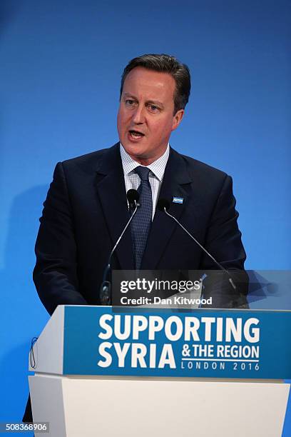British Prime Minister David Cameron speaks at the 'Supporting Syria Conference' at The Queen Elizabeth II Conference Centre on February 4, 2016 in...