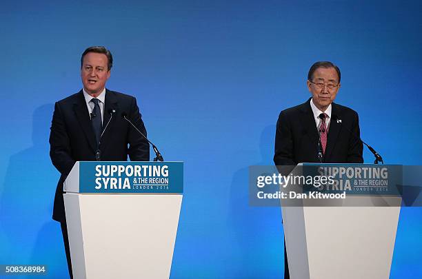 British Prime Minister David Cameron and UN Secretary-General Ban Ki-moon speak at the 'Supporting Syria Conference' at The Queen Elizabeth II...