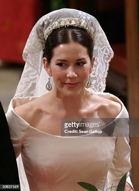 Miss Mary Elizabeth Donaldson walks down the isle with her father Dr. John Donaldson moments before marrying Crown Prince Frederik at the Copenhagen...