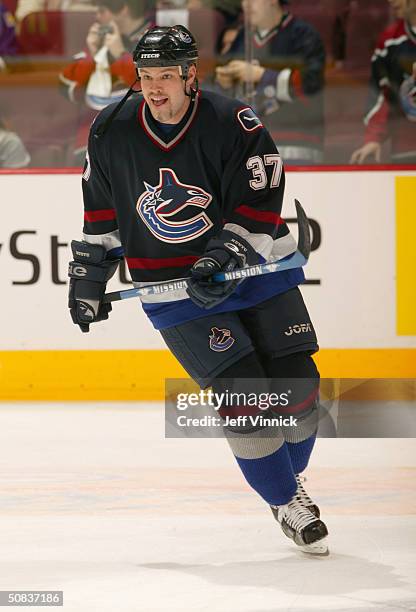 Jarkko Ruutu of the Vancouver Canucks warms up prior to the game against the Calgary Flames in the first round of the 2004 NHL Stanley Cup Playoffs...