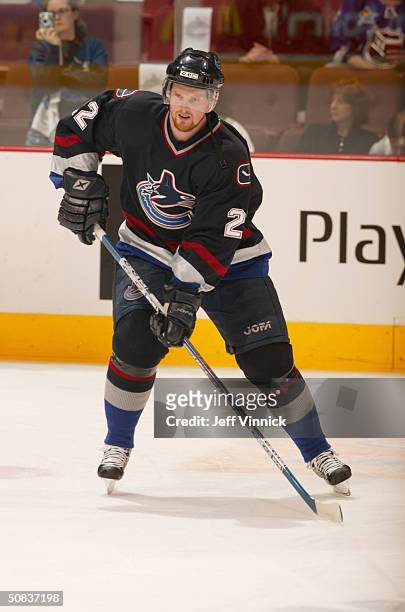 Daniel Sedin of the Vancouver Canucks warms up prior to the game against the Calgary Flames in the first round of the 2004 NHL Stanley Cup Playoffs...
