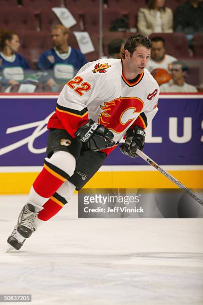 Craig Conroy of the Calgary Flames skates during warm up prior to the game against the Vancouver Canucks in the first round of the 2004 NHL Stanley...