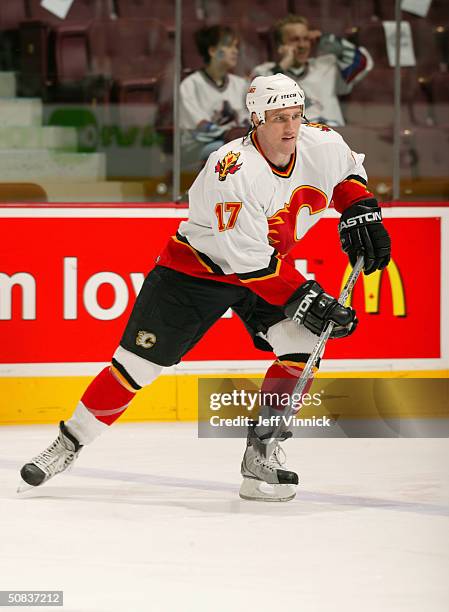 Chris Clark#17 of the Calgary Flames warms up prior to the game against the Vancouver Canucks in the first round of the 2004 NHL Stanley Cup Playoffs...