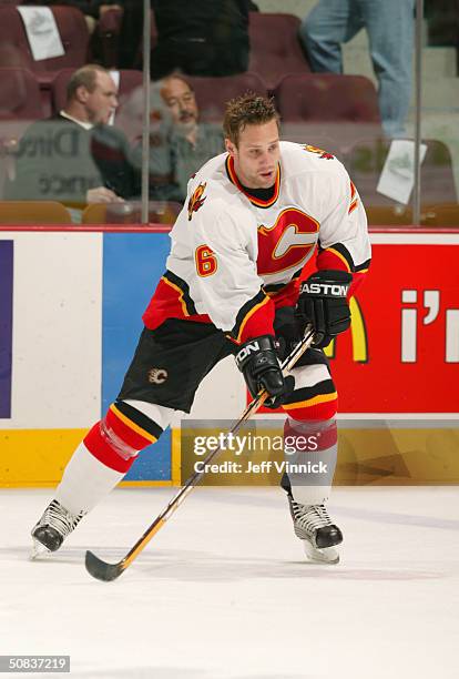 Marcus Nilson of the Calgary Flames skates during warm up prior to the game against the Vancouver Canucks in the first round of the 2004 NHL Stanley...