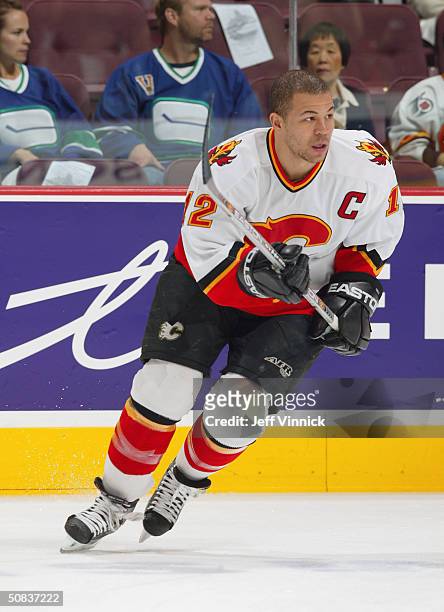 Jarome Iginla of the Calgary Flames skates during warm up prior to the game against the Vancouver Canucks in the first round of the 2004 NHL Stanley...
