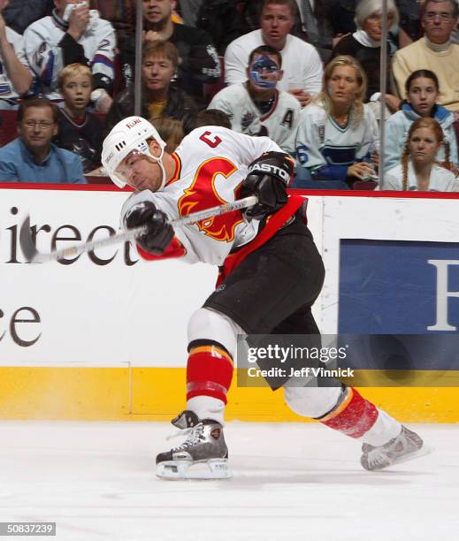 Jarome Iginla of the Calgary Flames shoots a slapshot during the game against the Vancouver Canucks in the first round of the 2004 NHL Stanley Cup...