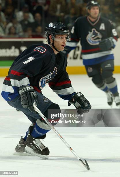 Brendan Morrison of the Vancouver Canucks pursues the play during the game against the Calgary Flames in the first round of the 2004 NHL Stanley Cup...